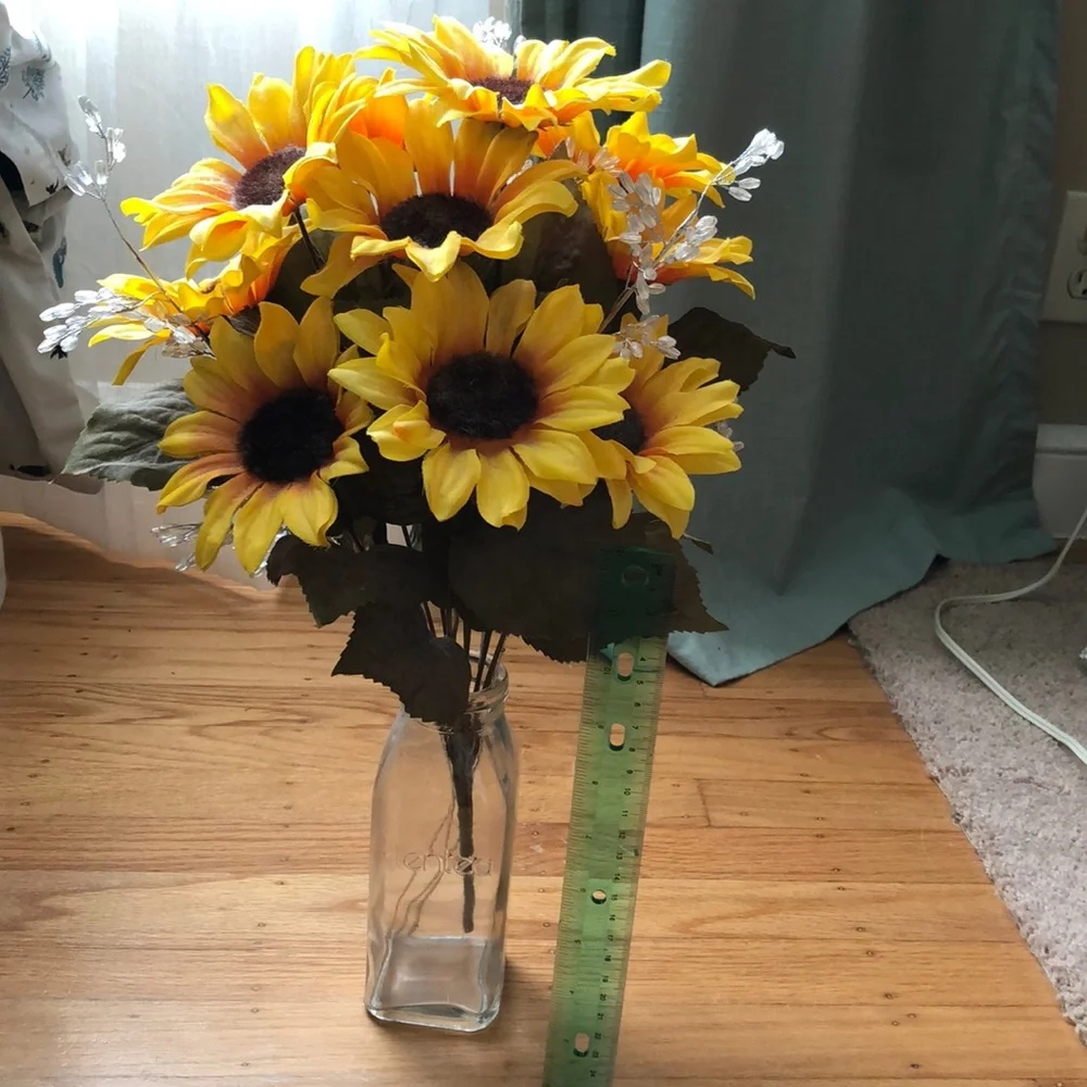 Faux sunflower florals with jewels in milk jar